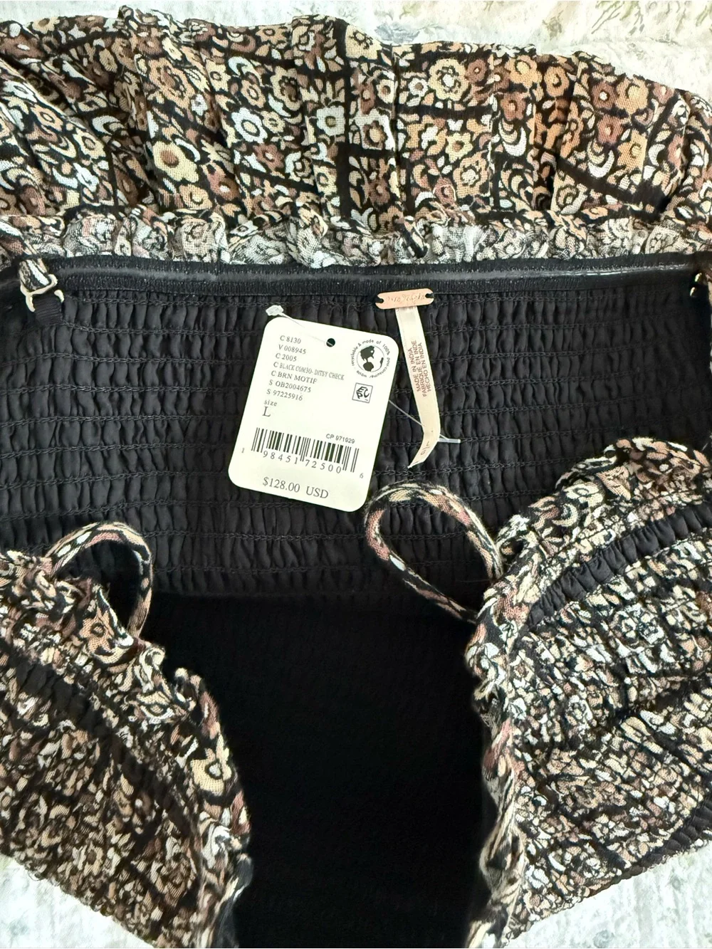 Free People Black and Tan Floral Smocked Romper